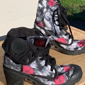 Palladium Floral Rose Combat Boots Lace Up Chunky Heel Women's Size 8 punk goth
